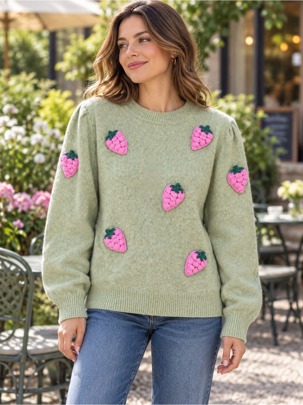 Easel Sage Green Strawberry Appliqué Sweater – Large